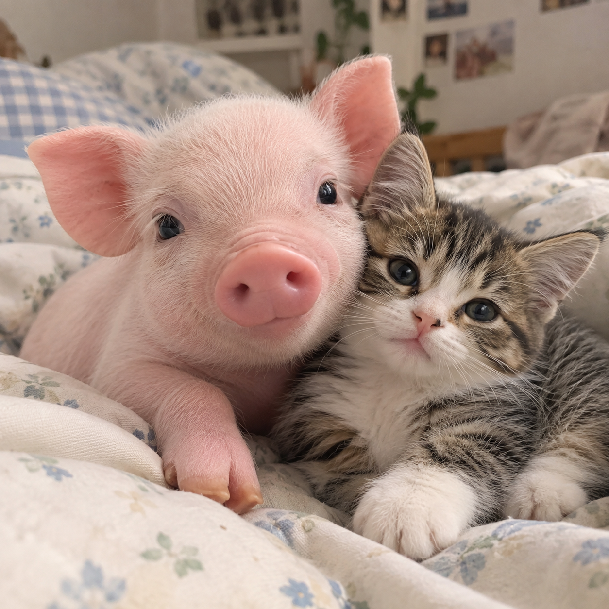 A cute baby pig cuddling with a little cat